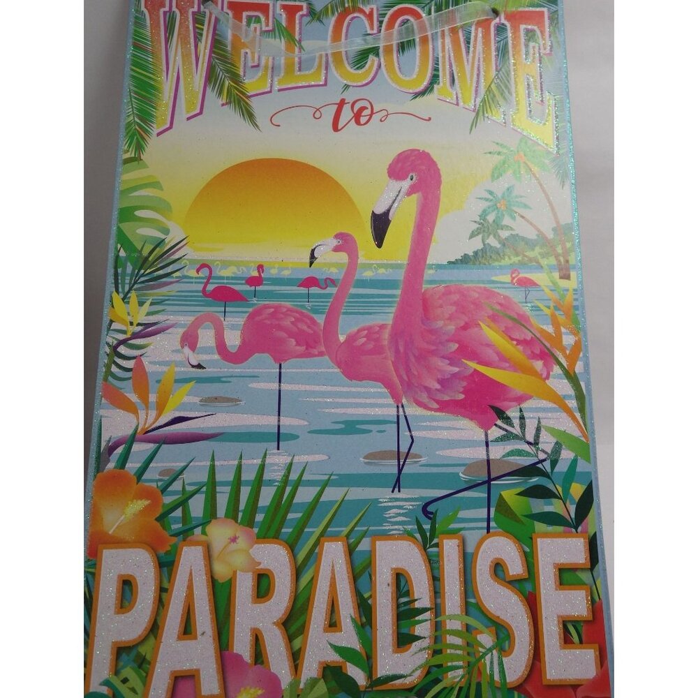 Welcome to Paradise Sign Flamingos Tropical Sunset Hibiscus Pool Beach Glitter
